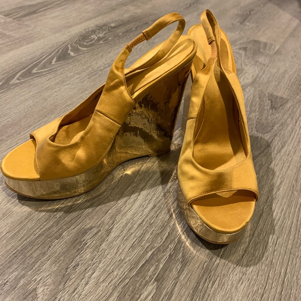 satin gold nine west wedges